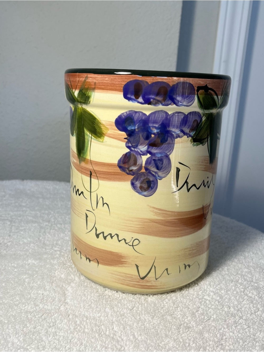 Hand-Painted Ceramic Utensil Holder - Yellow with Purple Grape Design